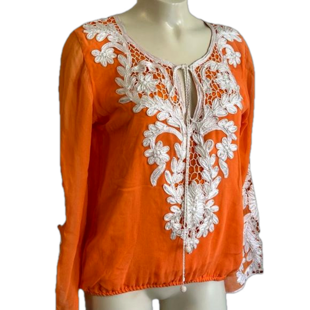 Taj by Sabrina Crippa 100% silk orange / white embroidered top SZ MED